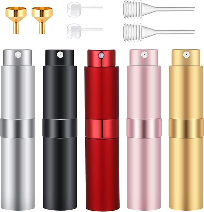YUNZJUNLY 8 ML Mini Atomizador de Perfume, 5 Piezas Atomizadores Recargables para Viajar, Botellas Portátiles de Spray para Perfume de Aluminio, Juego de Frascos de Viaje para Mujer y Hombre