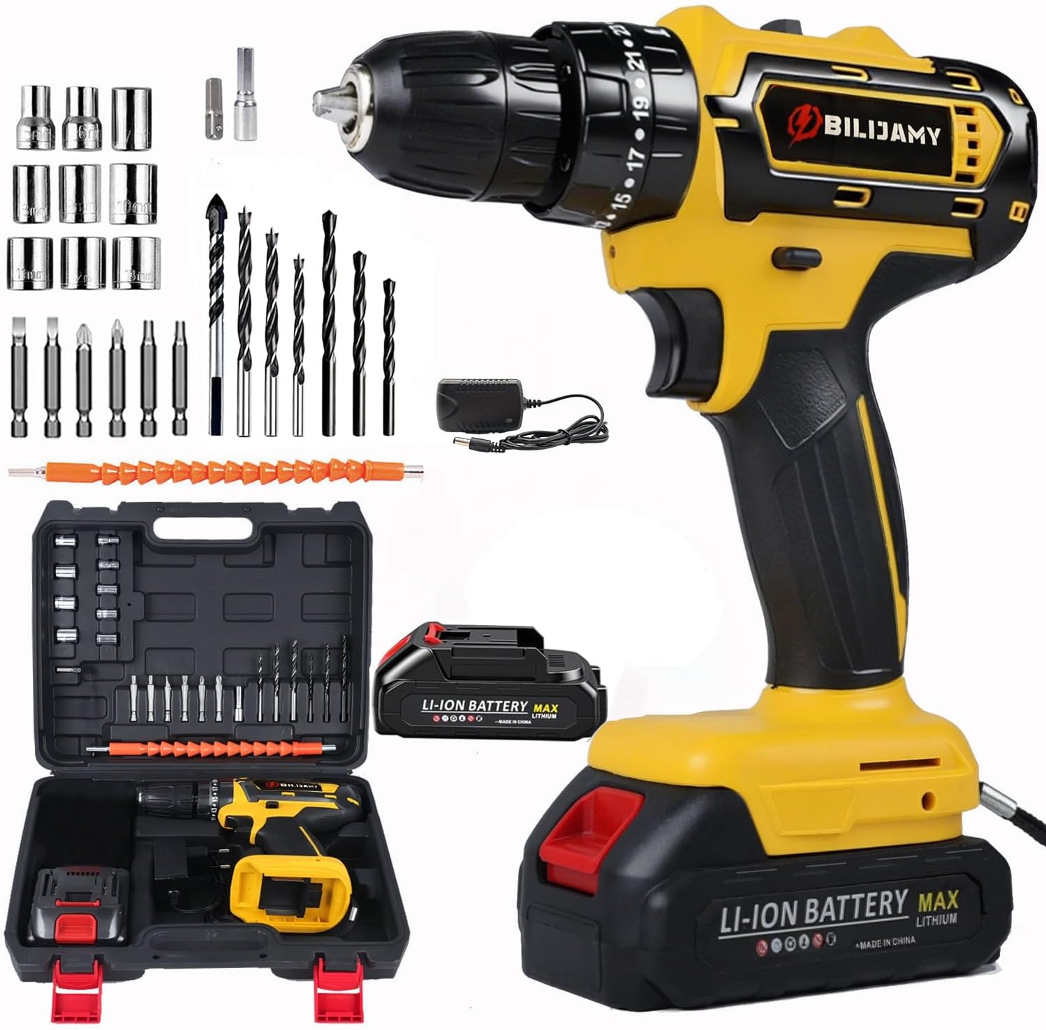 Cordless Drill Driver，Electric Power Drill Set with Battery & Charger, 3/8” Keyless Chuck, 2 Variable Speeds, 25+3 Torque Options Setting and LED Light for Home Craftsmen DIY (XH-djy-005-1B)