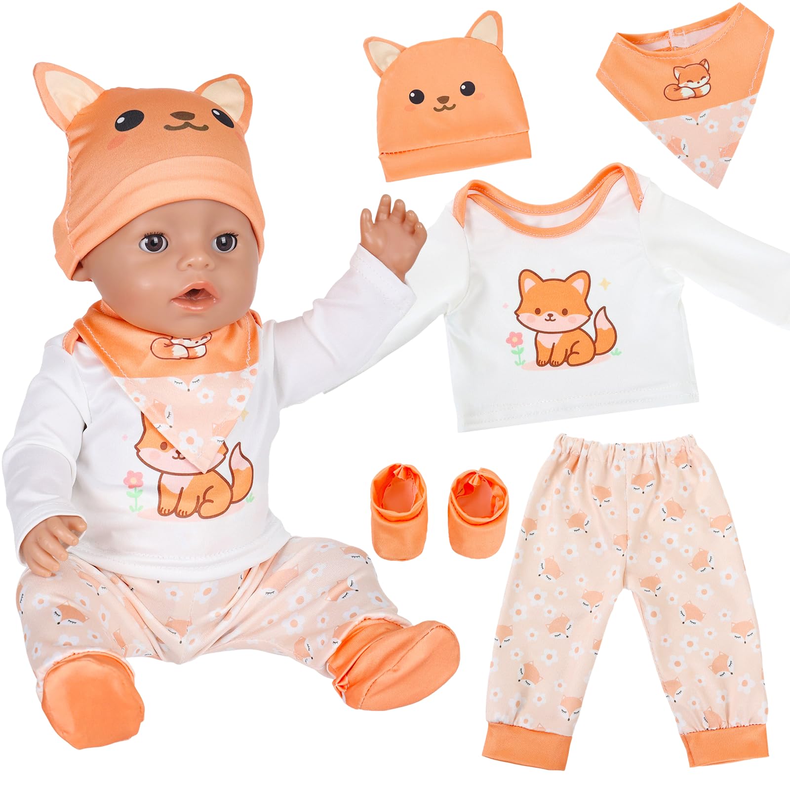 5 Pcs Baby Dolls Clothes for 12 14 17 Inch Doll, Cute Cartoon Fox Doll Clothes with Top Pants Socks Ear Hat Hanger, Sweet Doll Outfit For 30-43cm Dolls, Birthday Festival Gifts for Girls Boys