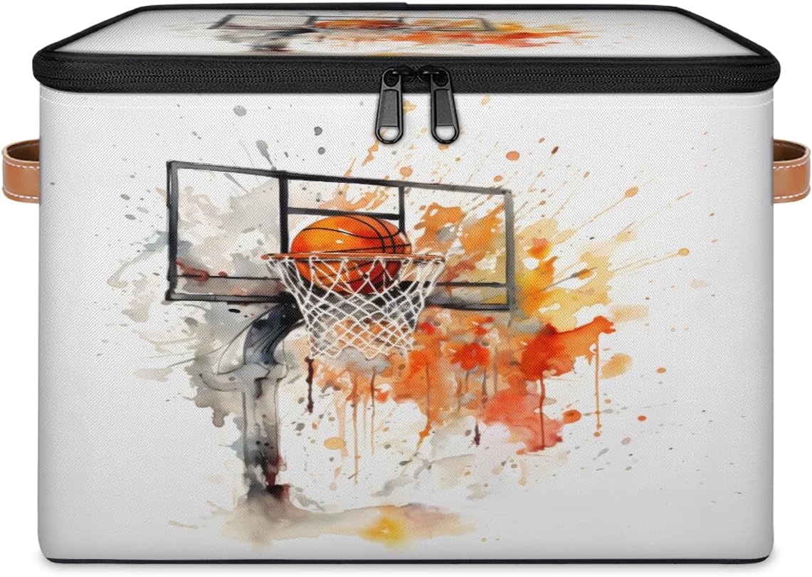 Storage Bin Set of 2 Watercolor Basketball Storage Basket with Zipper Lid & Handle Foldable Closet Shelf 2 Pack Cloth Organizer Basket Cube Bins Clothes Organizer for Nursery, Bedroom