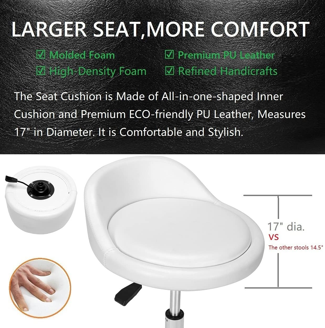 Rolling Salon Stool Chair with Back Support - Height Adjustable Hydraulic Stool with Wheels - Heavy Duty Swivel Stools 400lb Capacity for Home Salon Facial Spa Massage Clinic and Work Bench (White)