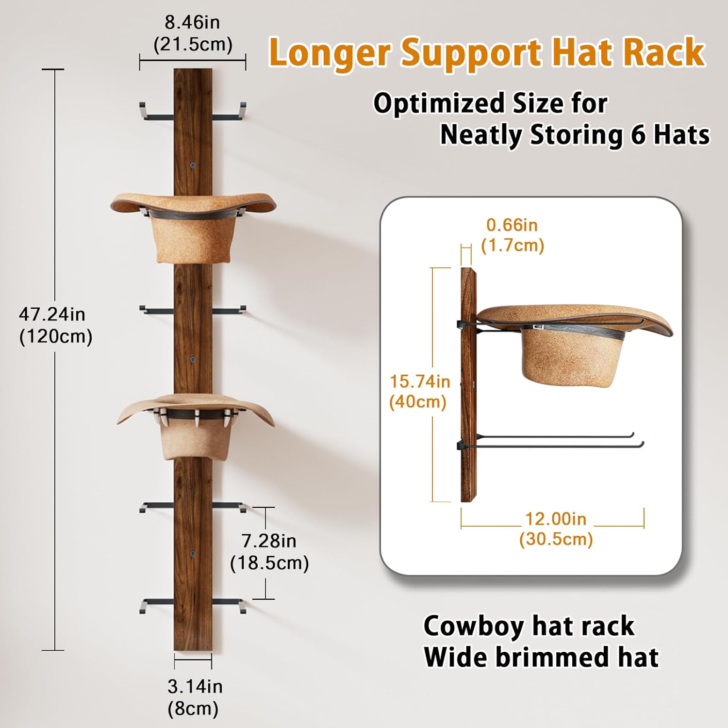 REFGY Cowboy Hat Rack for Wall, 6-Tier Solid Wood-Texture Western Hat Holder, Large Brim Hat Organizer for Wall Mount, Rustic Hat Hanger for Home Decor & Storage, Brown