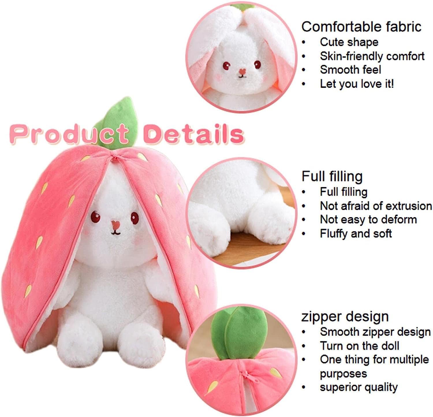 WOKICOR Peluche Lapin Fraise 18cm – Oreiller Doux, Cadeau Pâques Anniversaire Pour Enfant (doudou Lapin)