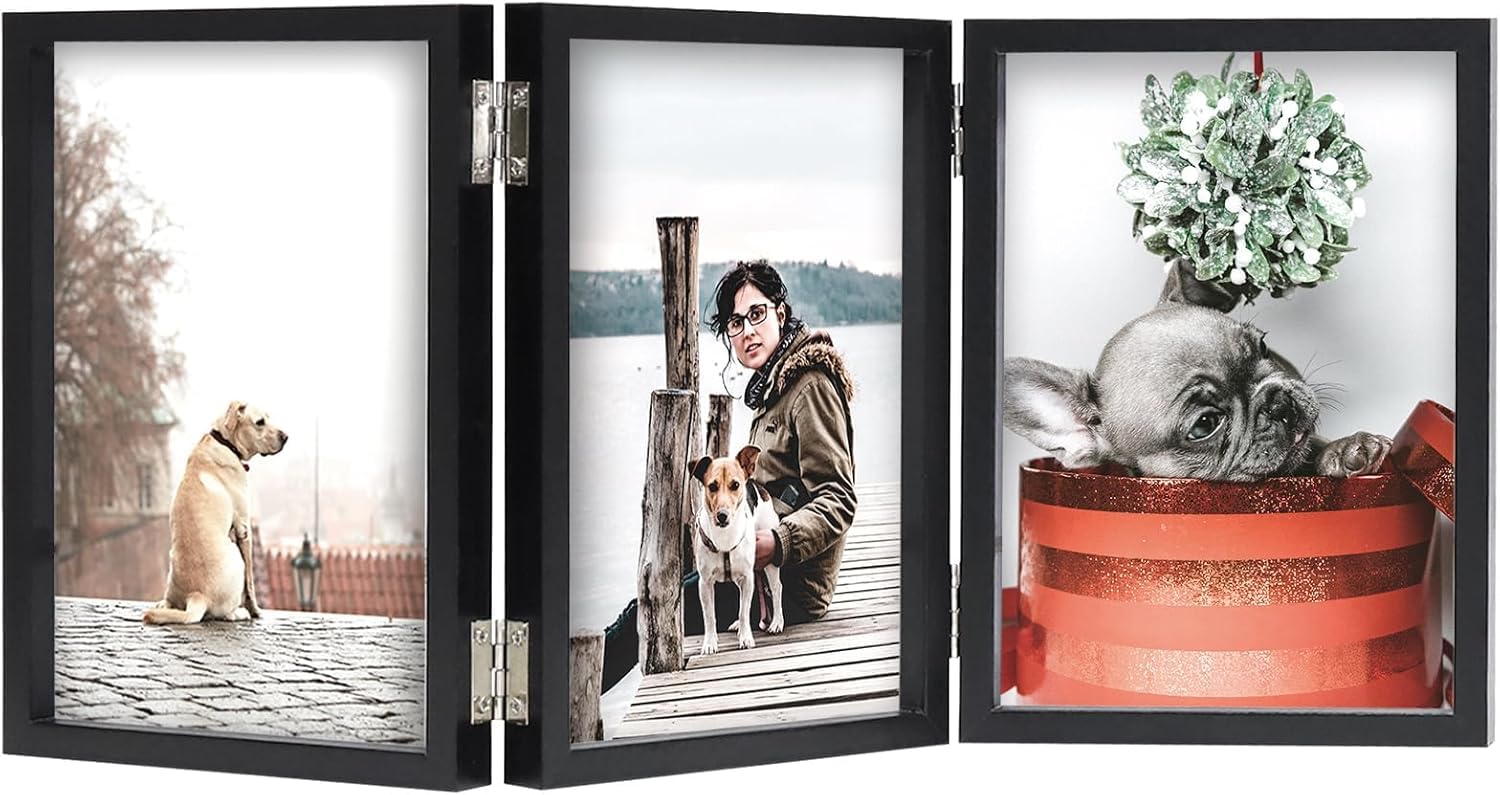 Houbobo Black Triple Photo Frame 4X6 Triple Photo Frame, Hinged Folding Wooden Picture Frame With Safe Perspex Front, 6X4 Vertical Picture Frame For Home & Office Tabletop Display, Black