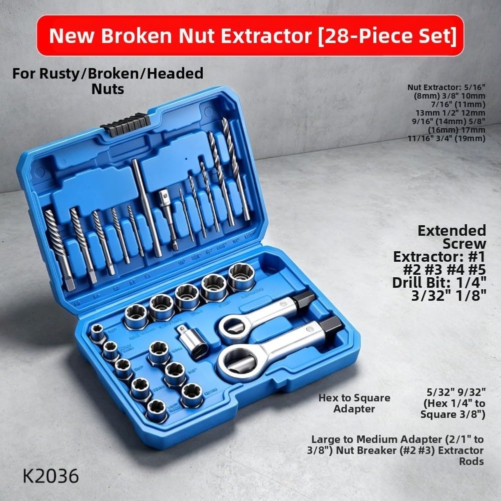 Set di estrattori per dadi rotti, strumento per la rimozione di bulloni danneggiati per dadi spogliati e arrotondati, set di chiavi a bussola resistenti (set da 28 pezzi)