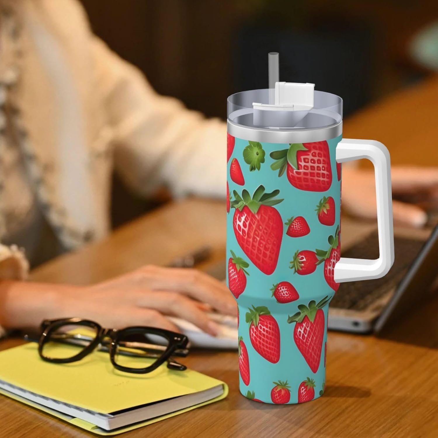 40 OZ Cute strawberry Print Ice Bully Cup with Handle Straw Lid Straw,Stainless Steel Tumbler Coffee Cup