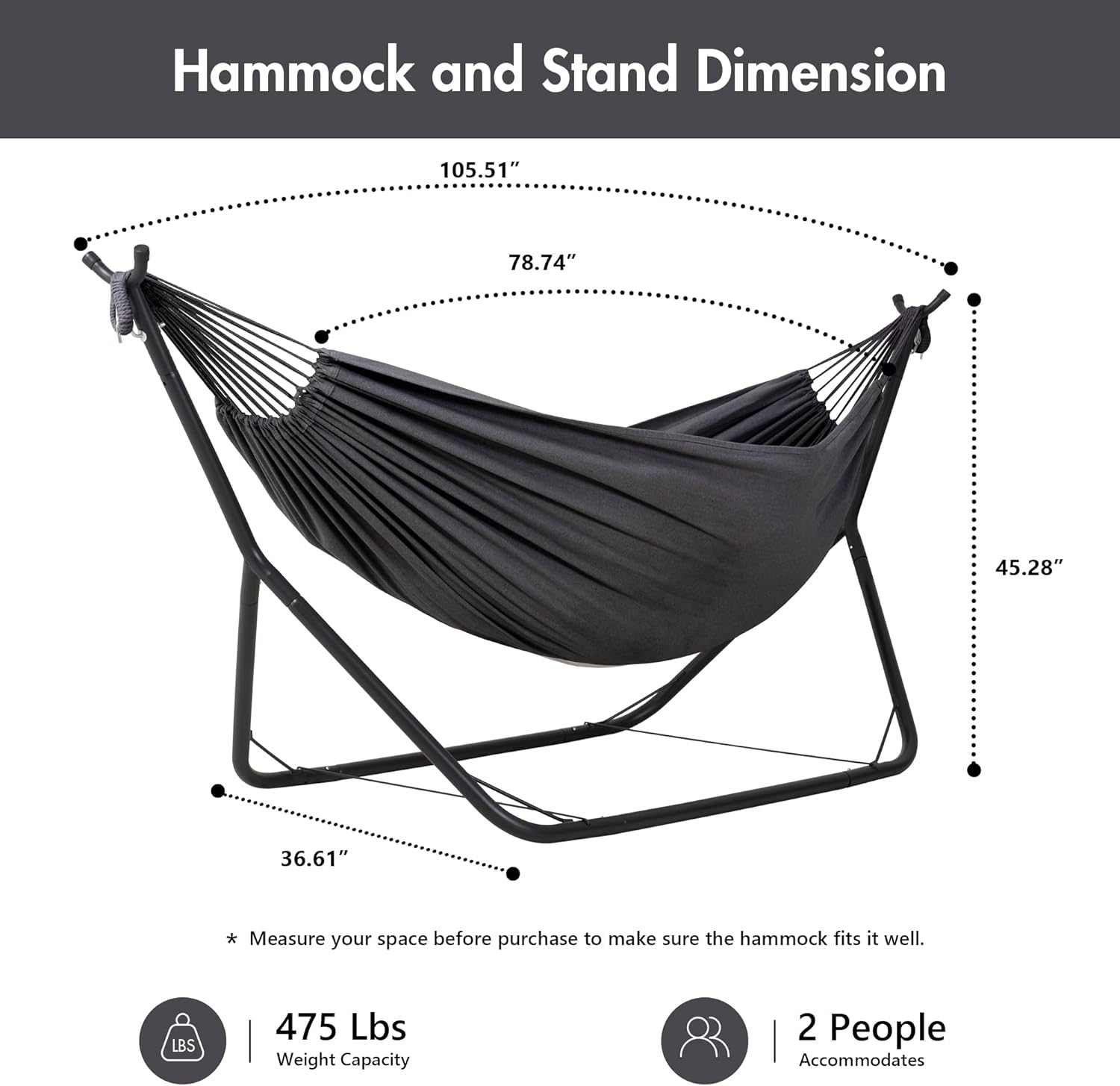 ANOW Heavy-Duty Hammock with Stand for Outside, Space Saving Steel Stand with Adjustable Height, 475 Lbs Capacity, Dark Gray
