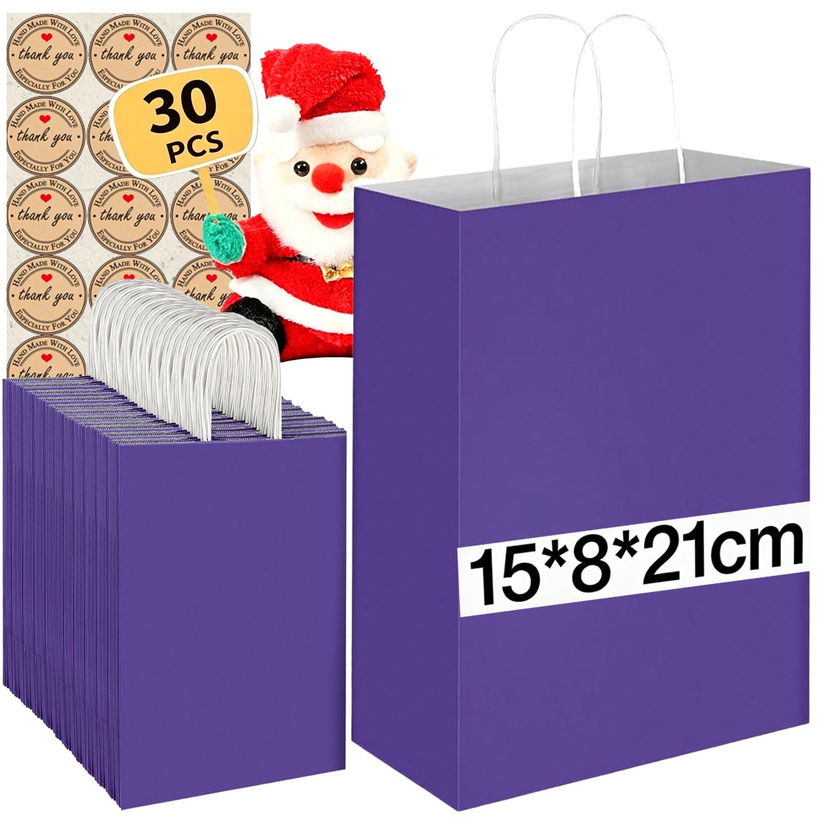 30Pcs Small Paper Bags With Handles, Paper Gift Bags (21x15x8cm), 130GMS Thicken Kraft bags Party Favor Shopping includes lables for Favor Birthday Christmas Party Wedding Shopping Retail (Purple-D)