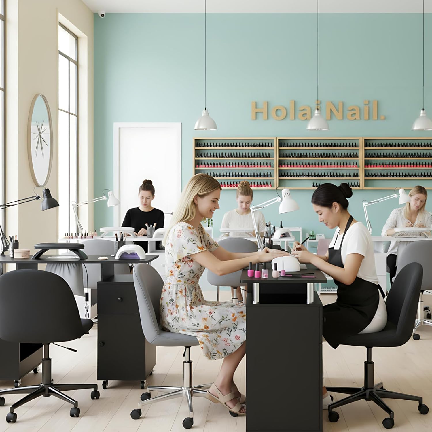 Manicure Table, Nail Desk Nail Tech Table with Dust Collector, Arm Rest, Wheels, Drawer & Cabinet, Beauty Salon Station, Black