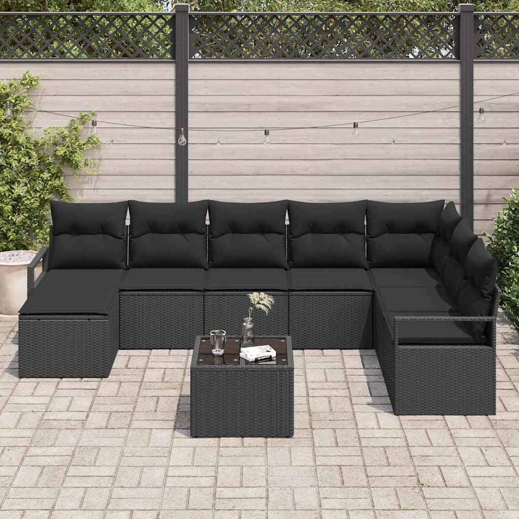 Juego de sofá de jardín de 9 piezas de poliratán negro con cojines y espacio de almacenamiento, muebles de exterior para terraza