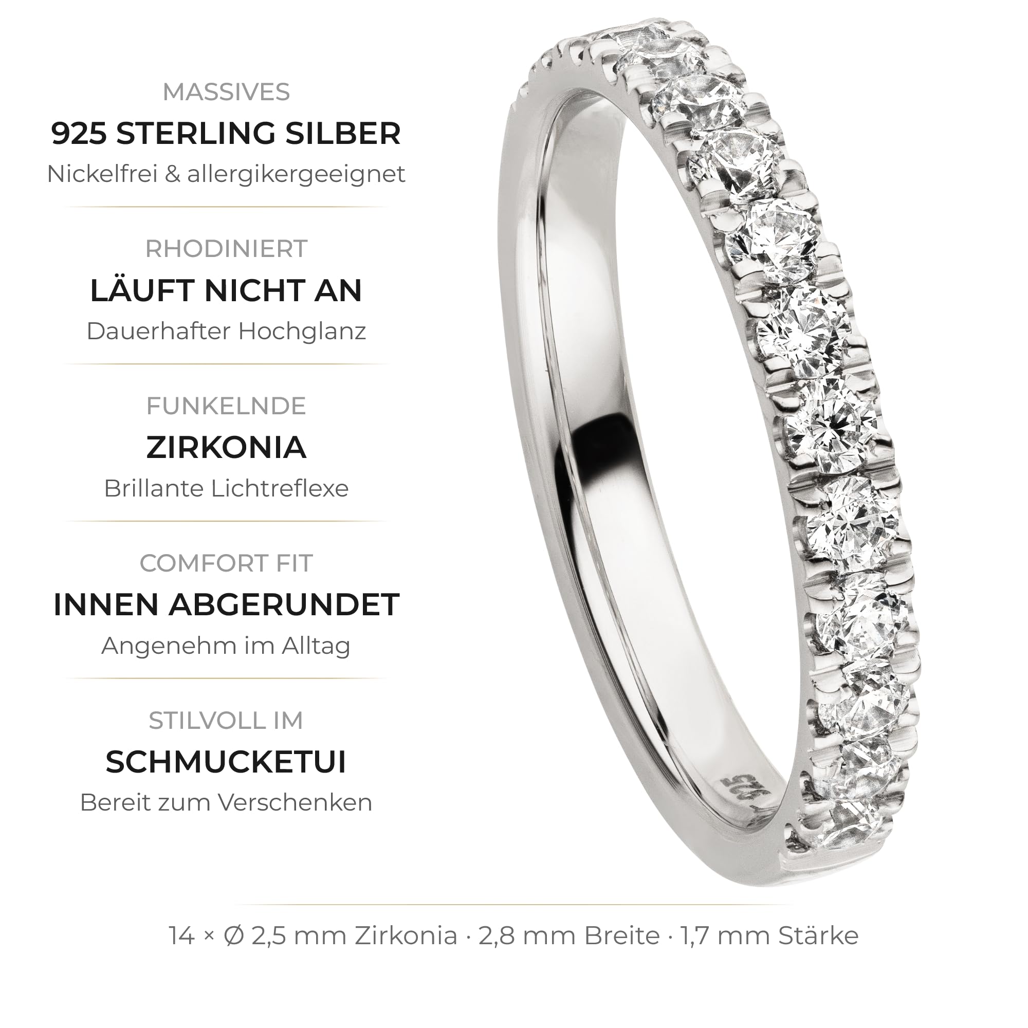 Kolibri Rings® Eternity-Ring Silber 925 – 14 handgefasste Zirkonia – Made in Germany – Gratis Etui