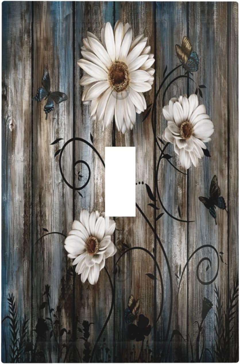 Rustic Wood Background Floral Butterfly Daisy Decorative Light Switch Cover 1 Gang Single Toggle Device Electrical Faceplate Switchplates Decorator Outlet Wall Plate for Farmhouse Bedroom Decor