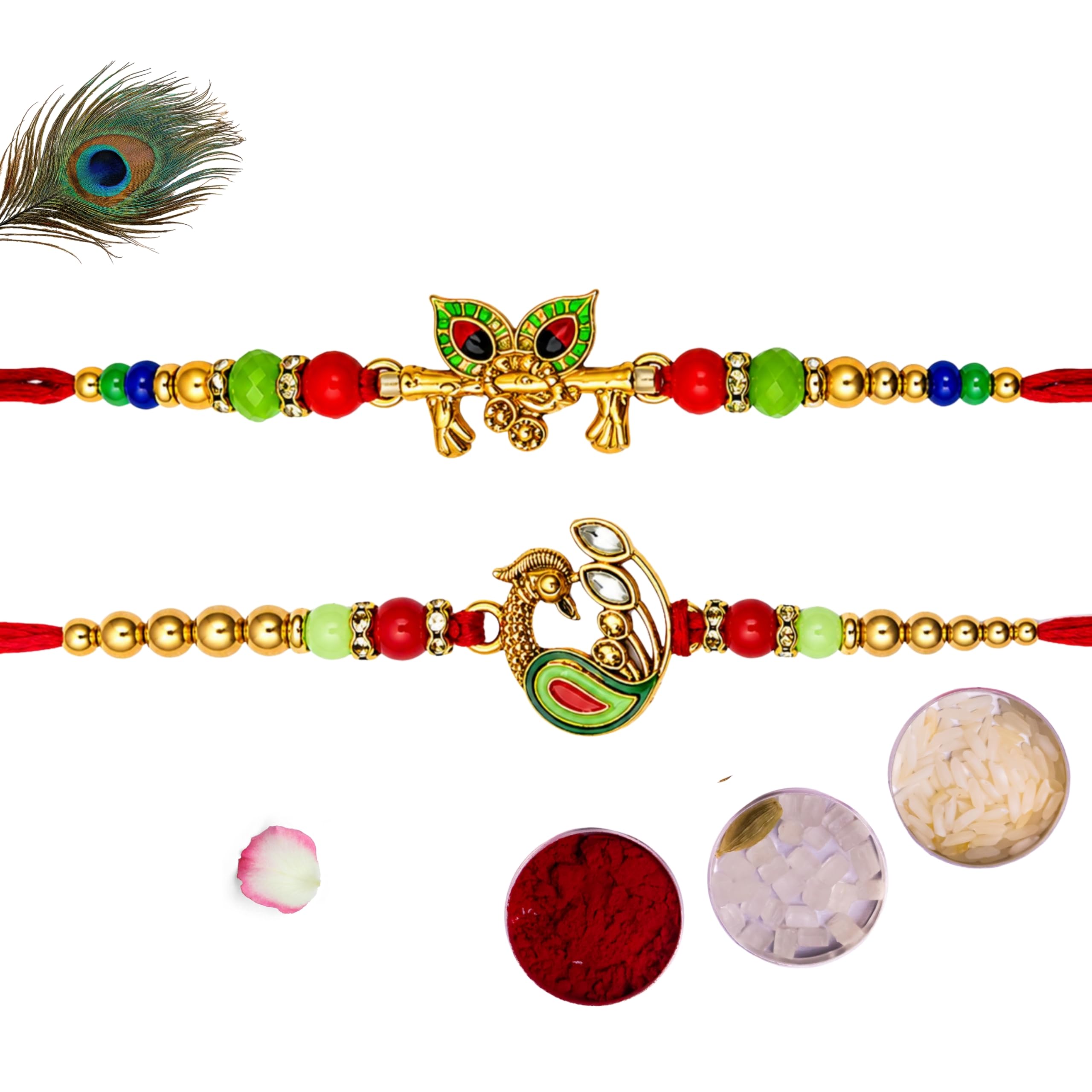 Designer Rakhi Set of 2 for Brother | Peacock & Krishna Flute (Bansuri) Designer Rakhi with Crystal Beads and Cotton Thread | Traditional Raksha Bandhan Gift | Includes Roli Chawal-image-19