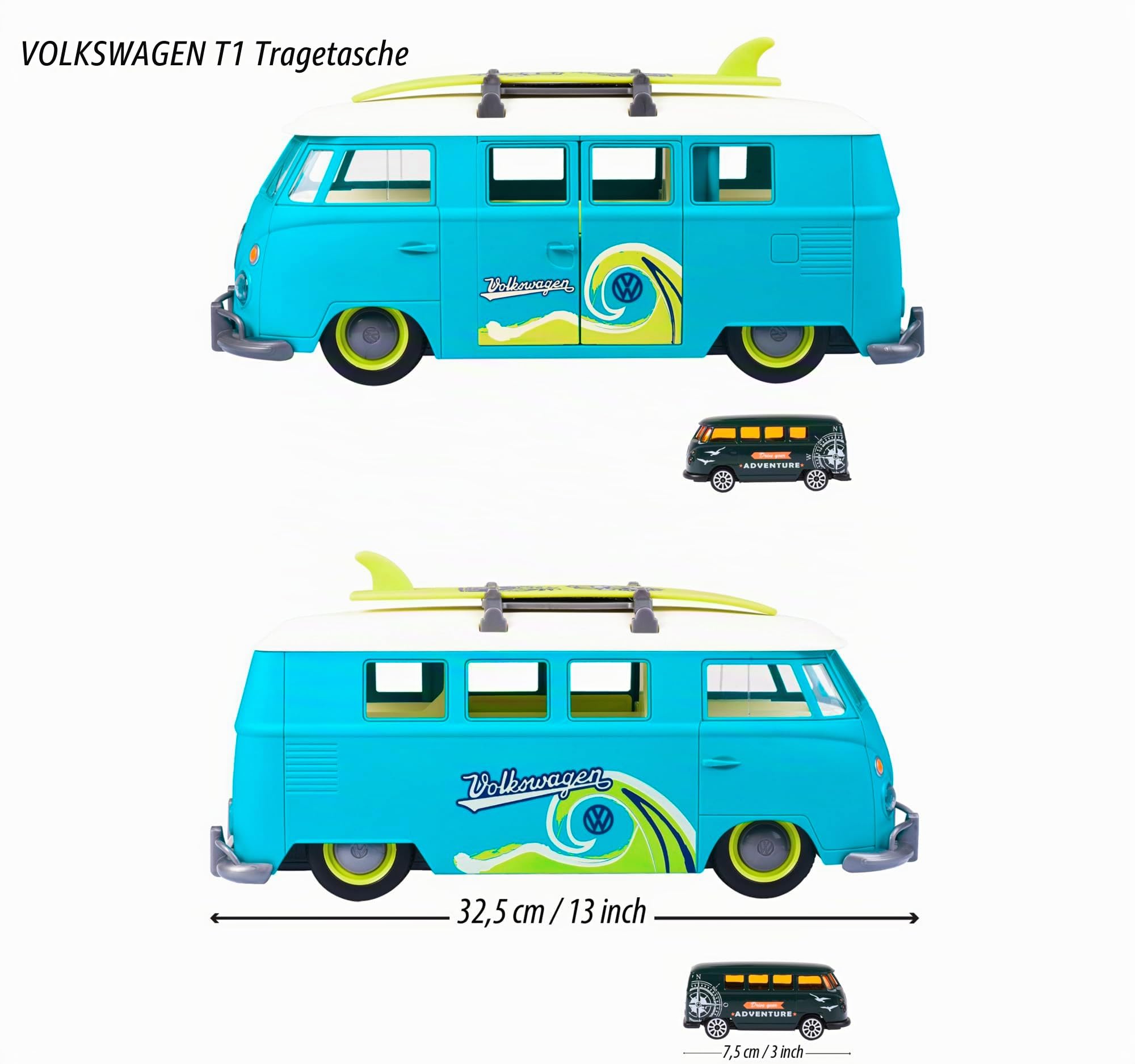 Majorette - Volkswagen The Originals T1 Auto-Transporter - großes Car Carry Case (32,5 cm) zur Aufbewahrung von bis zu 10 Spielzeugautos, inkl. Modellauto & Stickerbogen, für Kinder ab 3 Jahre, Blau