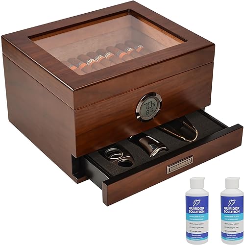 Miniatura 1 de Humidor de puros, humidificador superior de vidrio de cedro español hecho a mano, caja de escritorio de cigarros, higrómetro digital preciso con