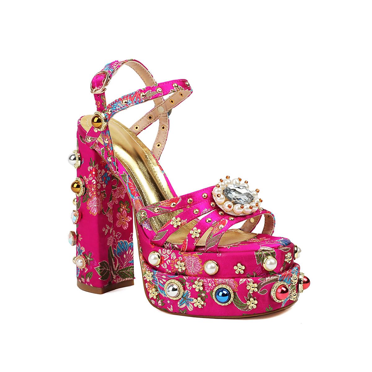 Feinlina Women Rhinestone High Chunky Platform Open Toe Block Heels Gems Detail Fashion Green Pink Floral Print Embroidery Ankle Strap Dress Wedding