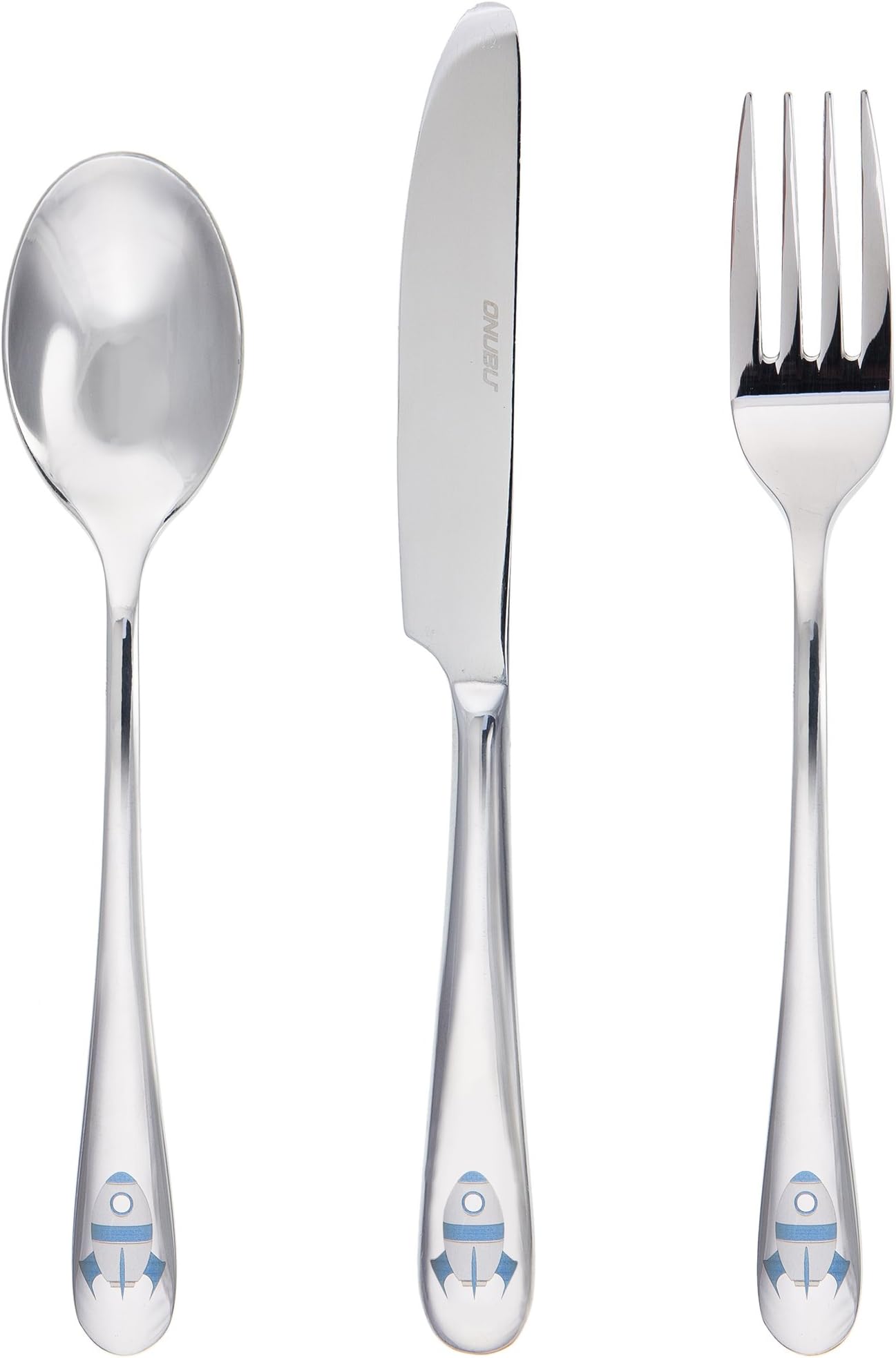ONUBU Kids 18/10 Stainless Steel Utensil Set - Rocket - 3 Piece Flatware Knife Fork Spoon Set for Preschoolers