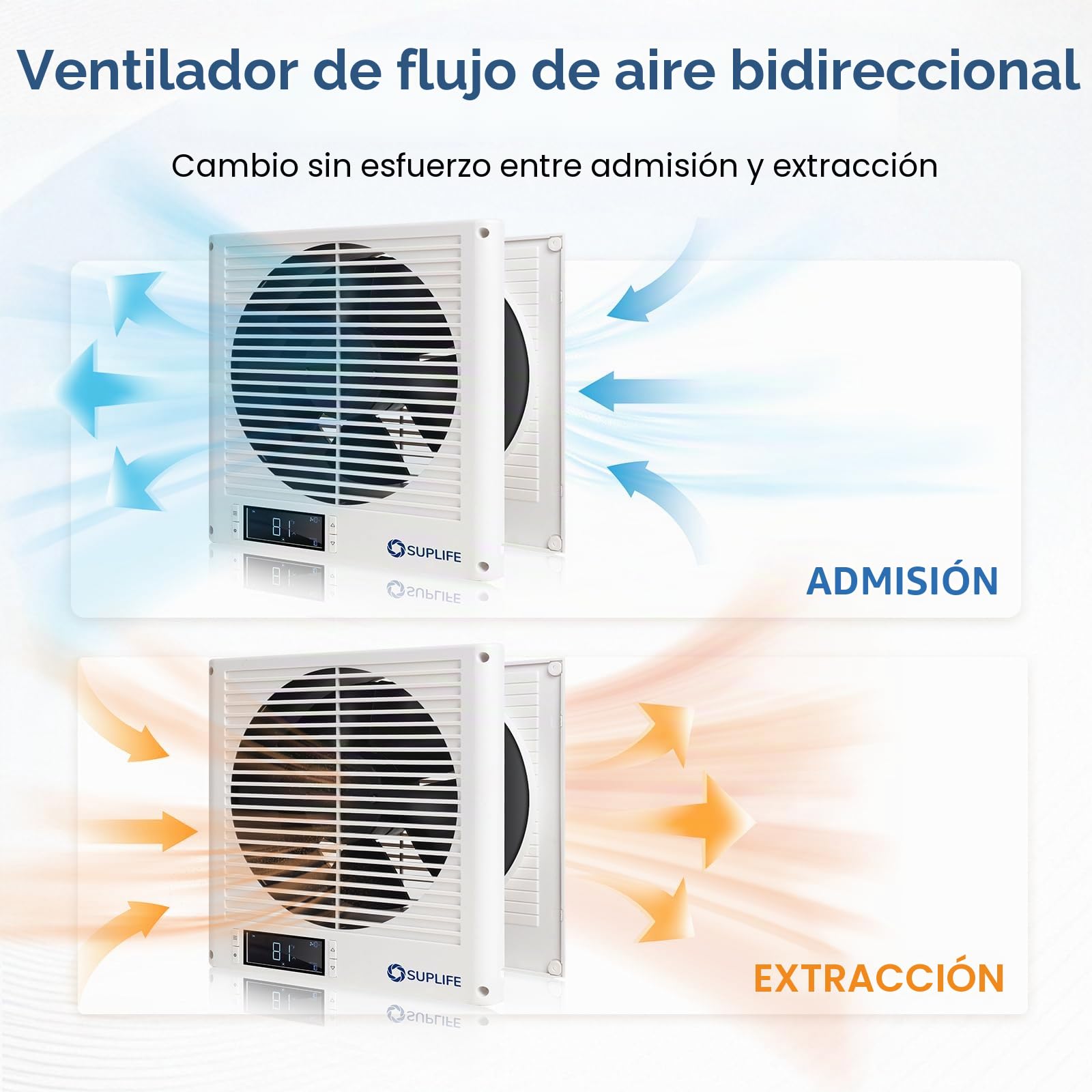 Ventilador de transferencia de aire de habitación a habitación de 8 pulgadas para circulación silenciosa, diseño de flujo de aire reversible, ventilador de pared programable de 320 CFM, calidad de