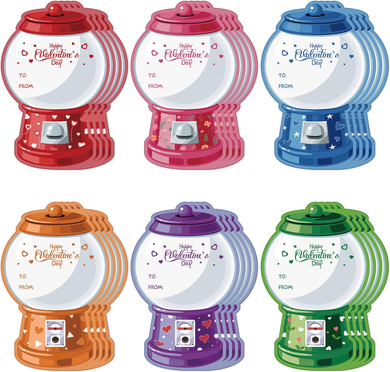 24 Pack Valentines Cards,Valentines Day Cards Bubble Gum Machine Designs for Valentine Day Party Favor