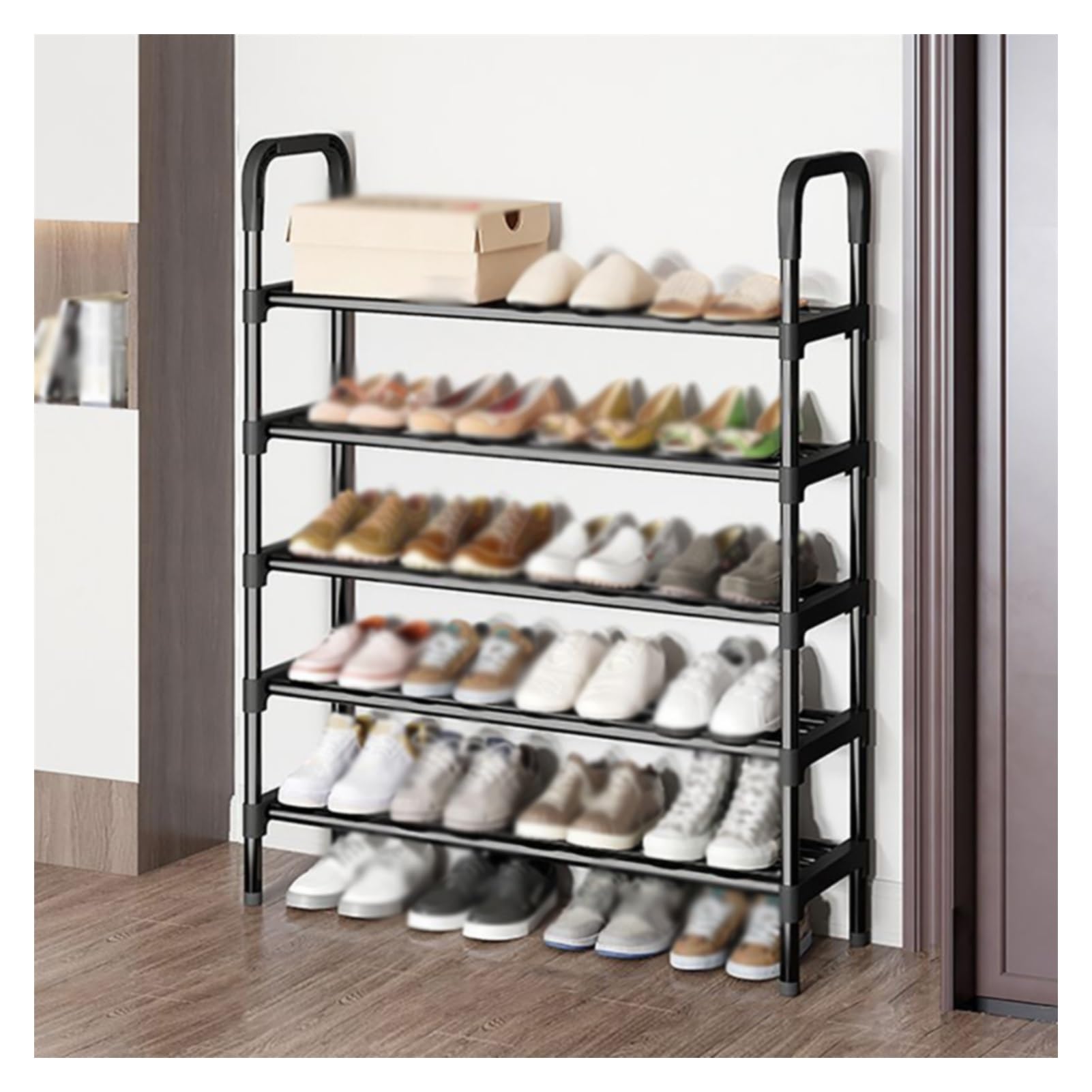 Étagère à chaussures à 4 niveaux en métal noir compacte pour entrée 80cm