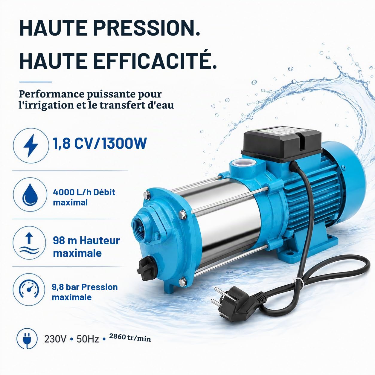 Pompe de Jardin 1300W 4000 L/H, Pompe à Eau Électrique Centrifuge, Pompe de Surface en Acier Inoxydable 9,8 Bar, Hauteur de Refoulement 98 m, Pompe d’Irrigation Eau Claire pour Jardin, Ferme, Étang et