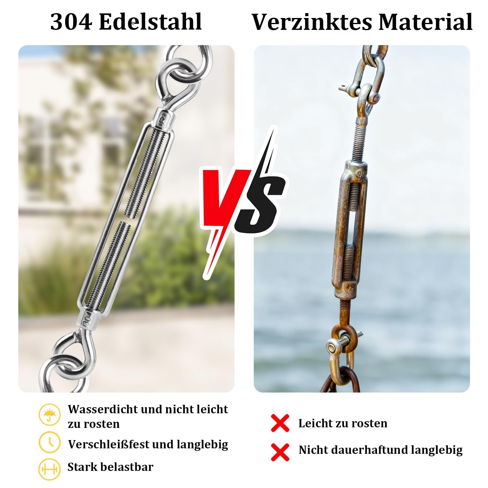 6 tenditori M10, in acciaio inox, tendicavo per funi metalliche, con occhiello regolabile, ganci per tendicinghi, tenditori per tende da sole, sistema di funi, tenditori per recinzioni