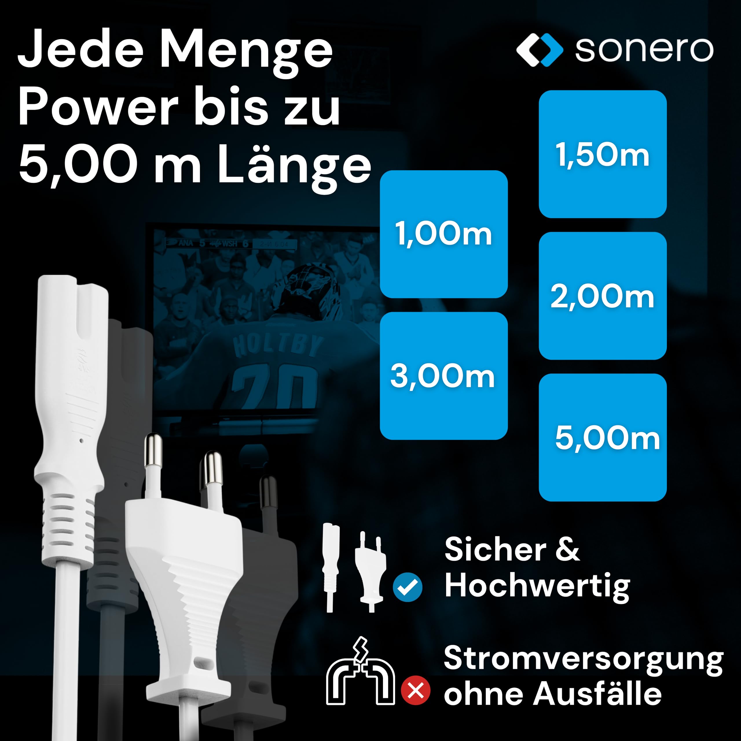 Sonero® Euro-Cavo di alimentazione, cavo di alimentazione per elettrodomestici, spina Euro a presa IEC C7, 3,00 m, bianco