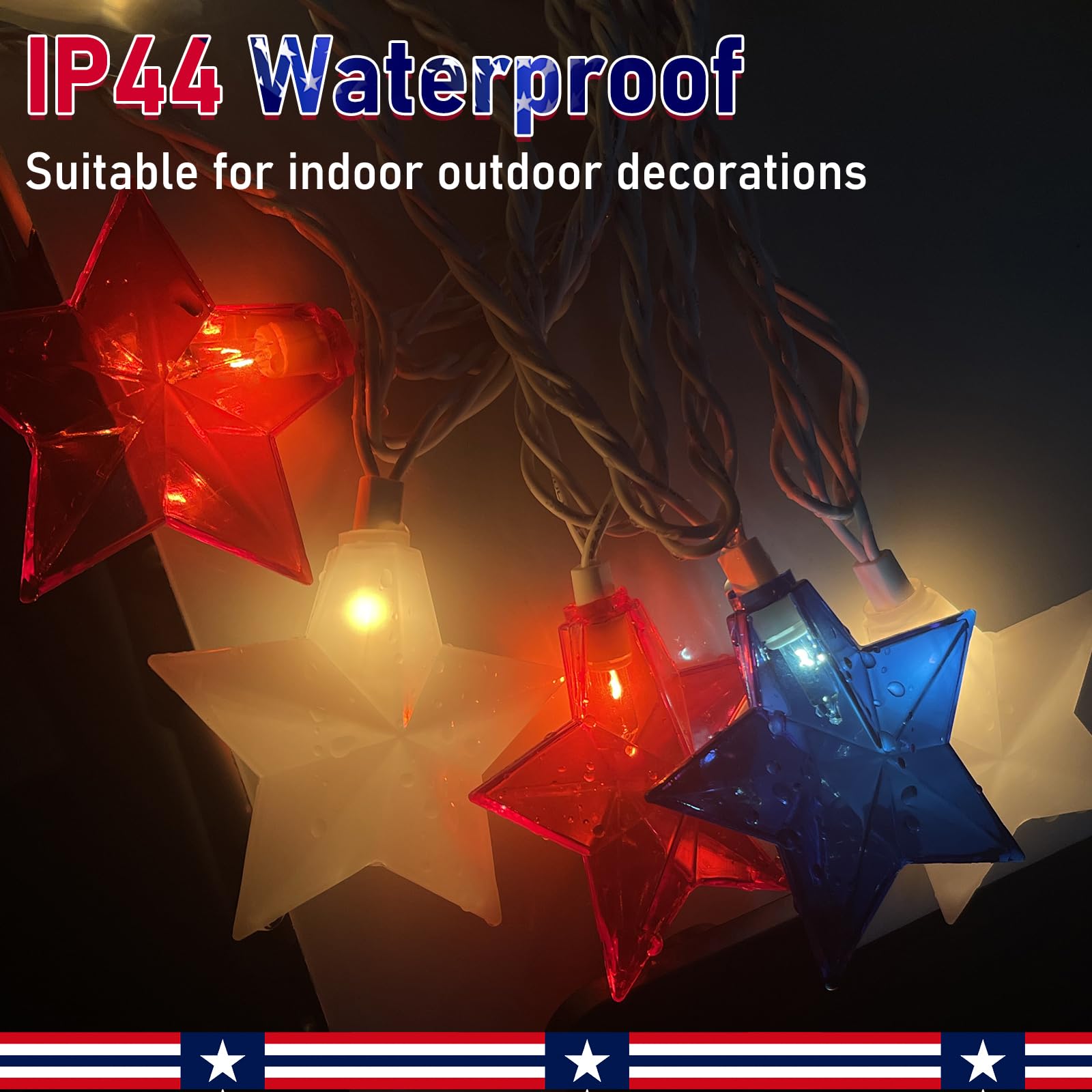 Couah Patriotic Star String Lights - 8.5Ft Red White Blue LED Outdoor Decor For 4th Of July, Memorial Day & Patriotic Celebrations
