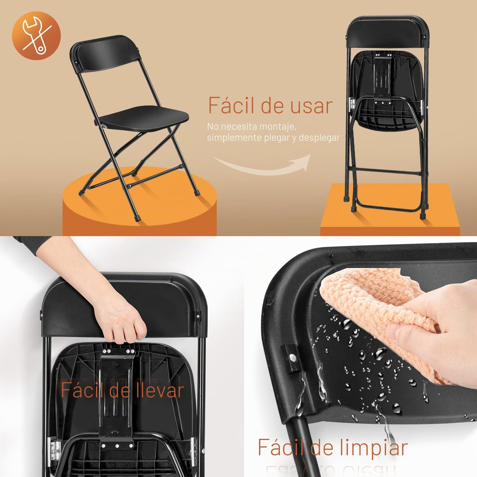 Bonnlo Set de 10 Sillas Plegables – Sillas de Comedor, Jardín, Camping, Plegables, para Balcón, Sala de Estar, Restaurante y Conferencias, Ergonómicas, 47x47x75 cm, hasta 150 kg, Negro
