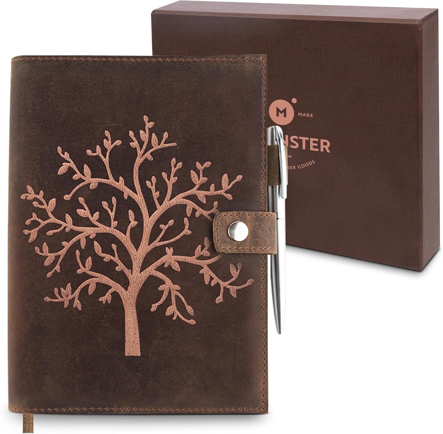 moonster Refillable Leather Journal Lined Notebook - Embossed Tree of Life, Handmade Genuine Leather Notebook for Men & Women with Pen Holder – Includes Premium-Milled A5 Lined Paper & Luxury Pen
