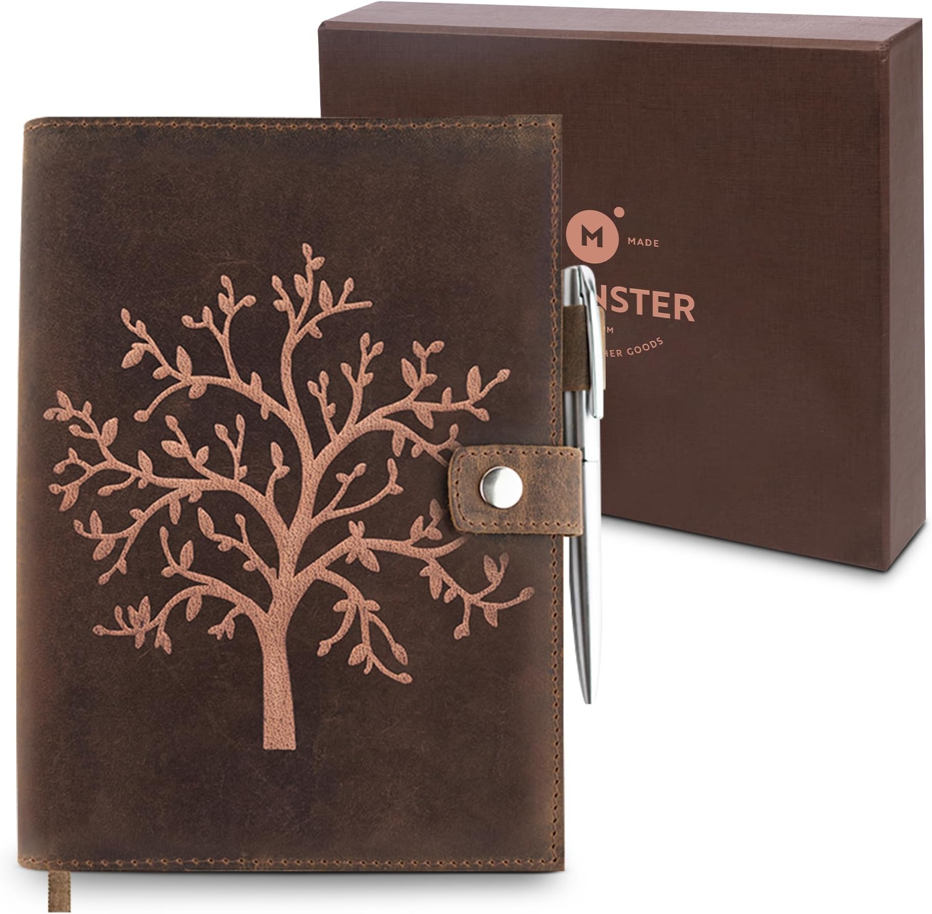 moonster Refillable Leather Journal Lined Notebook - Embossed Tree of Life, Handmade Genuine Leather Notebook for Men & Women with Pen Holder – Includes Premium-Milled A5 Lined Paper & Luxury Pen