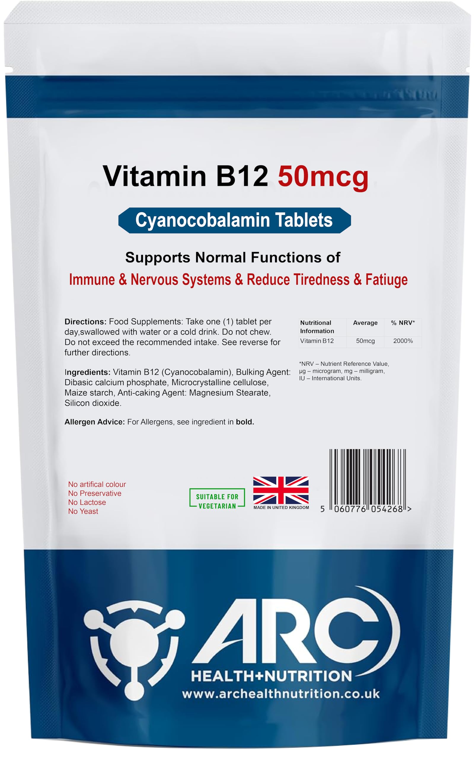 Cyanocobalamin Vitamin B12 50mcg 60 Tablets - Suitable for Vegans & Vegetarians - Combat Fatigue & Tiredness - for Men & Women - Made in UK