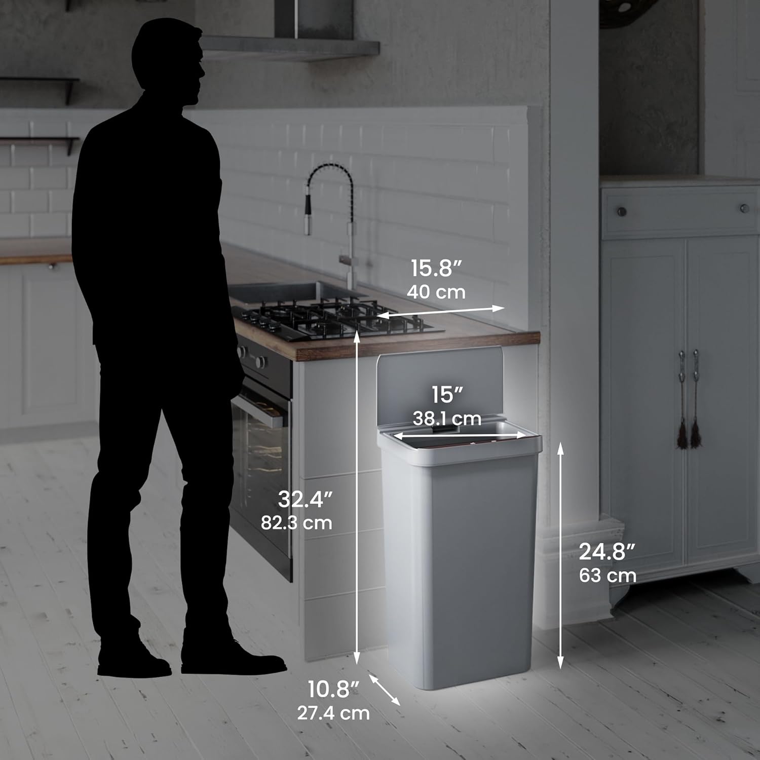 Person hosing down the plastic trash can body outdoors