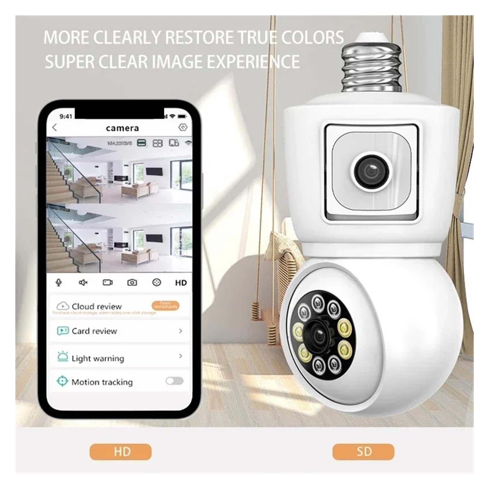 Caméras de sécurité, Caméra ampoule 4K 8MP E27, double objectif, double écran, suivi automatique, Audio bidirectionnel, Vision nocturne couleur, caméra de sécurité extérieure(4MP Add 128G Card)