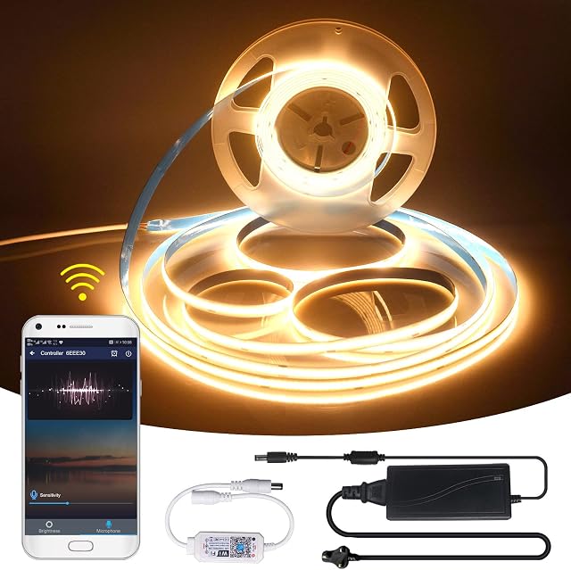 5M WiFi COB LED Strip with Power Supply, 512LEDs/M 3000K Dimmable DIY COB LED Strip Set,12V APP Control Timing Flexible Strip Light for Cabinet Bedroom Kitchen,Compatible with Alexa/Google Home