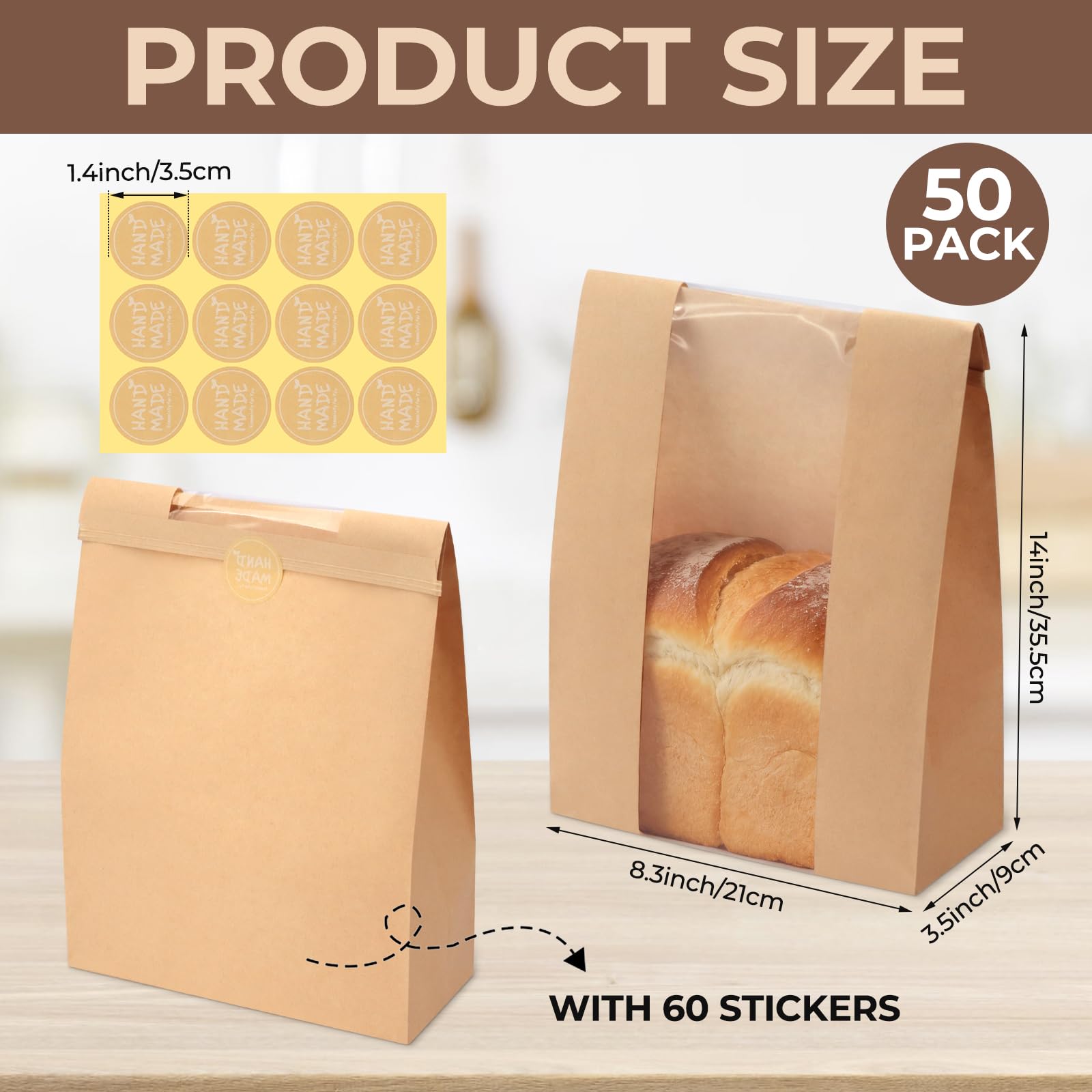 Twdrer Paquete de 50 bolsas grandes de papel kraft para pan con ventana frontal transparente, cierre de pestaña de estaño, bolsas de embalaje de café para panadería, café, galletas, con 60 etiquetas
