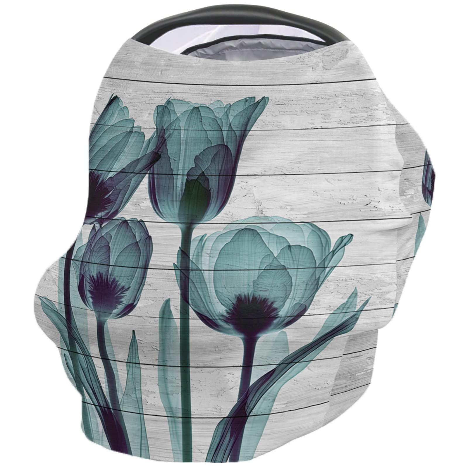 Nursing Cover for Breastfeeding Scarf, Turquoise Green Flower White Wood Grain Baby Car Covers Super Soft Multi Use for Canopy Shopping Cart Cover Blanket Stroller Cover