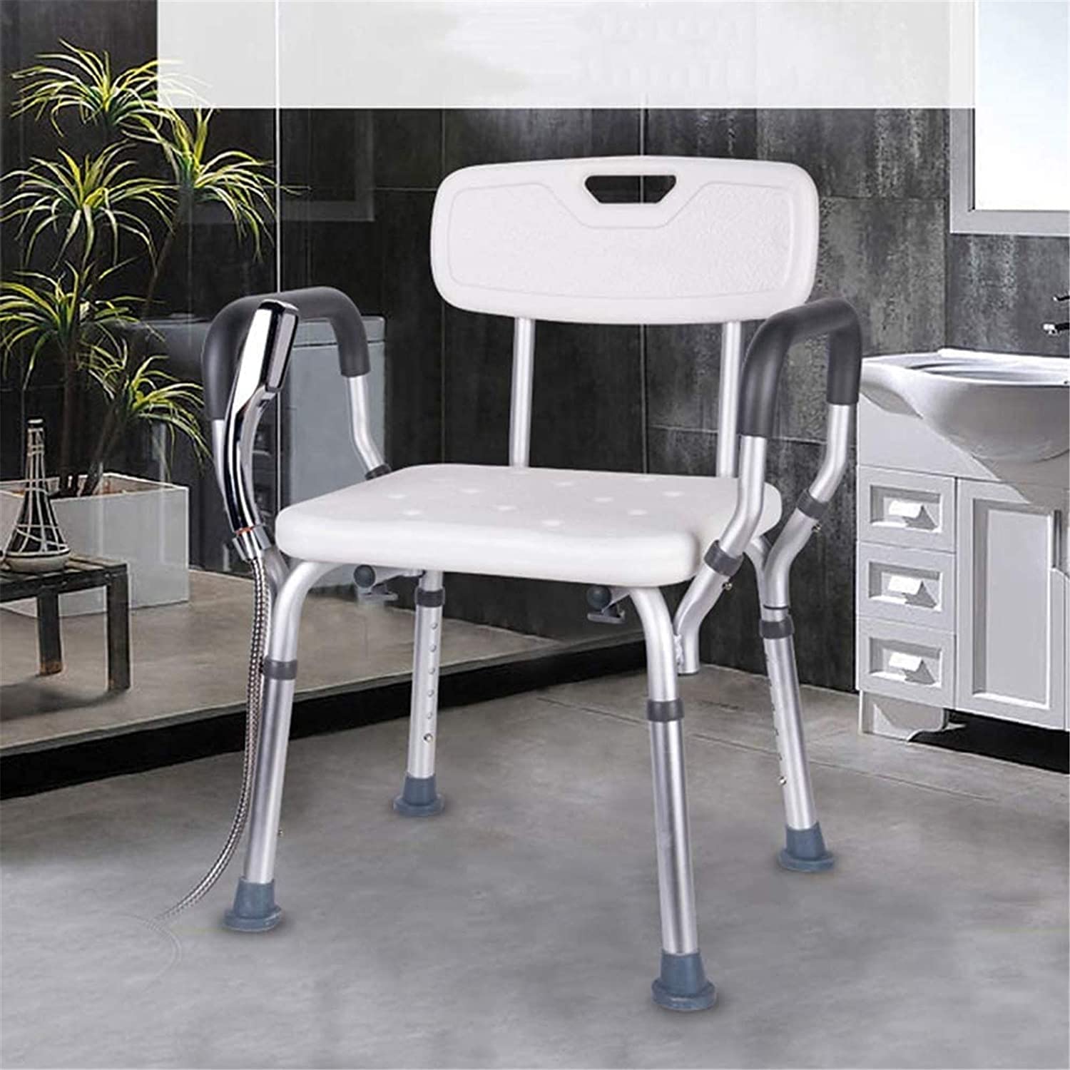 Taburete de Ducha Asiento de Ducha Sillas de Ducha Asientos de Ducha de Baño Antideslizantes Regulables en Altura, con Brazos y Respaldo, Aluminio Ligero Seguridad (Blanco C) (Blan