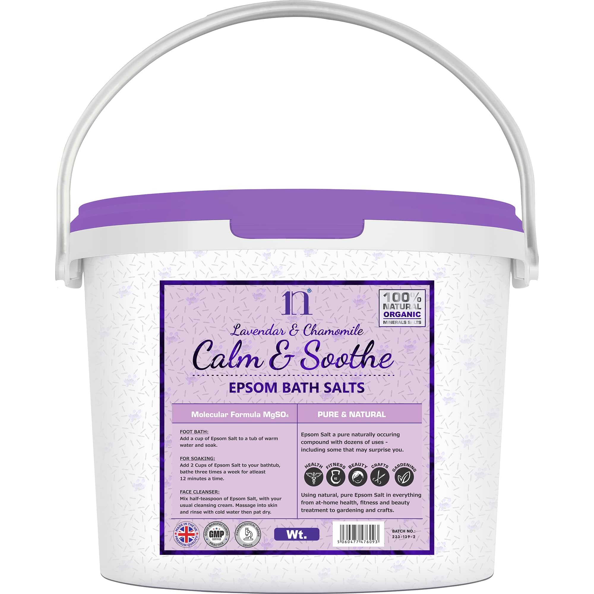 1n Scented Epsom Salt Calm & Soothe Salts with Lavender & Chamomile Bucket Food Grade Magnesium Sulphate Foot Soak Salts Bath Epsom Salts (Lavender & Soothe, 5KG)
