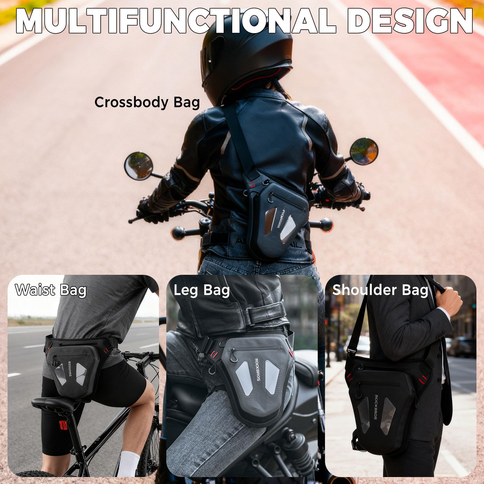 ROCKBROS Marsupio da Gamba Moto 1L, Marsupio Cosciale Traspirante | con Cinghia Regolabile e Rimovibile, Multi-Tasche Espandibile, Riflettente, Borsa Gamba Moto per Motociclismo Ciclismo