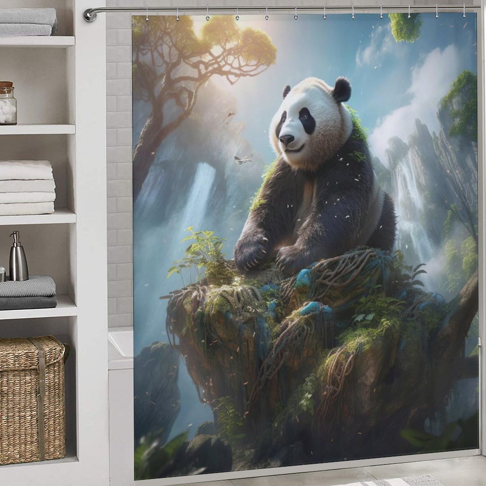 Rideau de douche panda lavable en polyester de haute densité avec 12 œillets renforcés