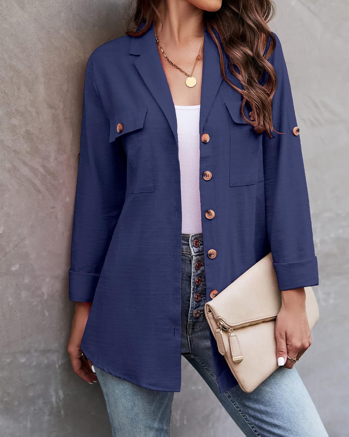 Vetinee Women's Casual Button Down Blouse Shirts Cuffed Sleeve Loose T-Shirt Tops