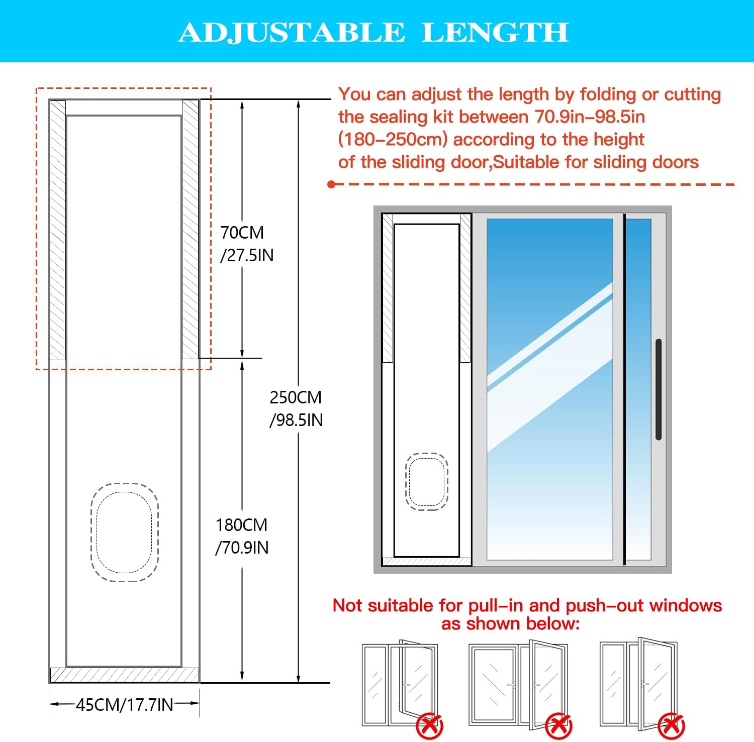 Inverter Portable Air Conditioner Sliding Door Seal Kit Compatible with Midea Etc Inverter Ac 14000 BTU Designed for Hose-in-Hose Portable AC Sliding Door vent kit 17.5"*98"Sliding Door velcro panel