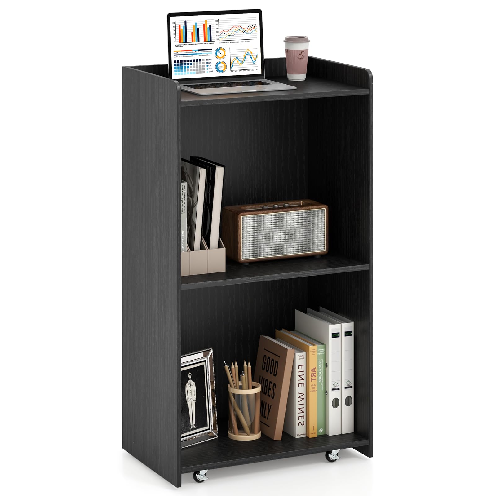 COSTWAY Rolling Lectern Stand, 105cm Presentation Podium with 2 Storage Shelves and 4 Universal Wheels, Wooden Speaking Reading Table Reception Desk for Classroom, Conference and Auditorium (Black)