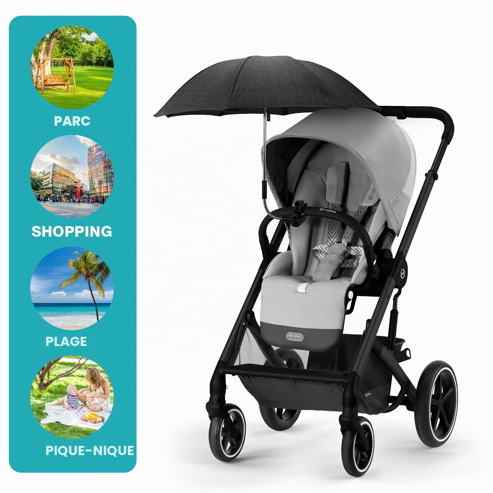 Ombrelle Poussette, Parasol Poussette Bébé Universelle, Protection UV 50+, Compatible avec la plupart des poussettes, Parapluie de Protection Solaire pour Landau avec Pince Réglable, Diamètre 71 cm