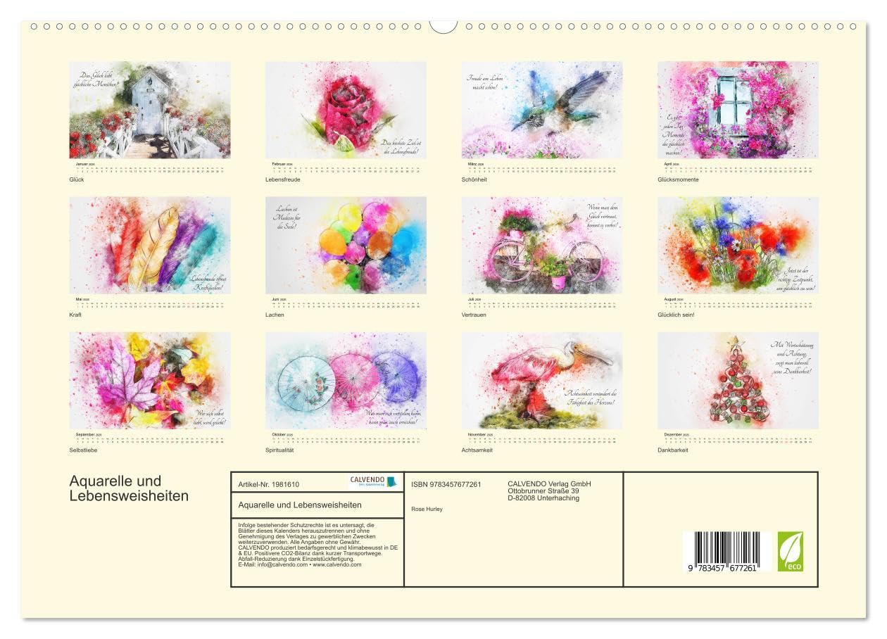 Aquarelle und Lebensweisheiten (hochwertiger Premium Wandkalender 2026 DIN A2 quer), Kunstdruck in Hochglanz: Lebensweisheiten für glückliche Momente und mehr Freude! (CALVENDO Gesundheit)