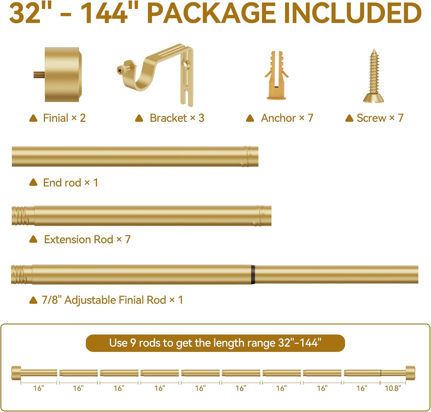 YaFex Gold Curtain Rod 32-144 Inch, Heavy Duty Adjustable 1 Inch Diameter