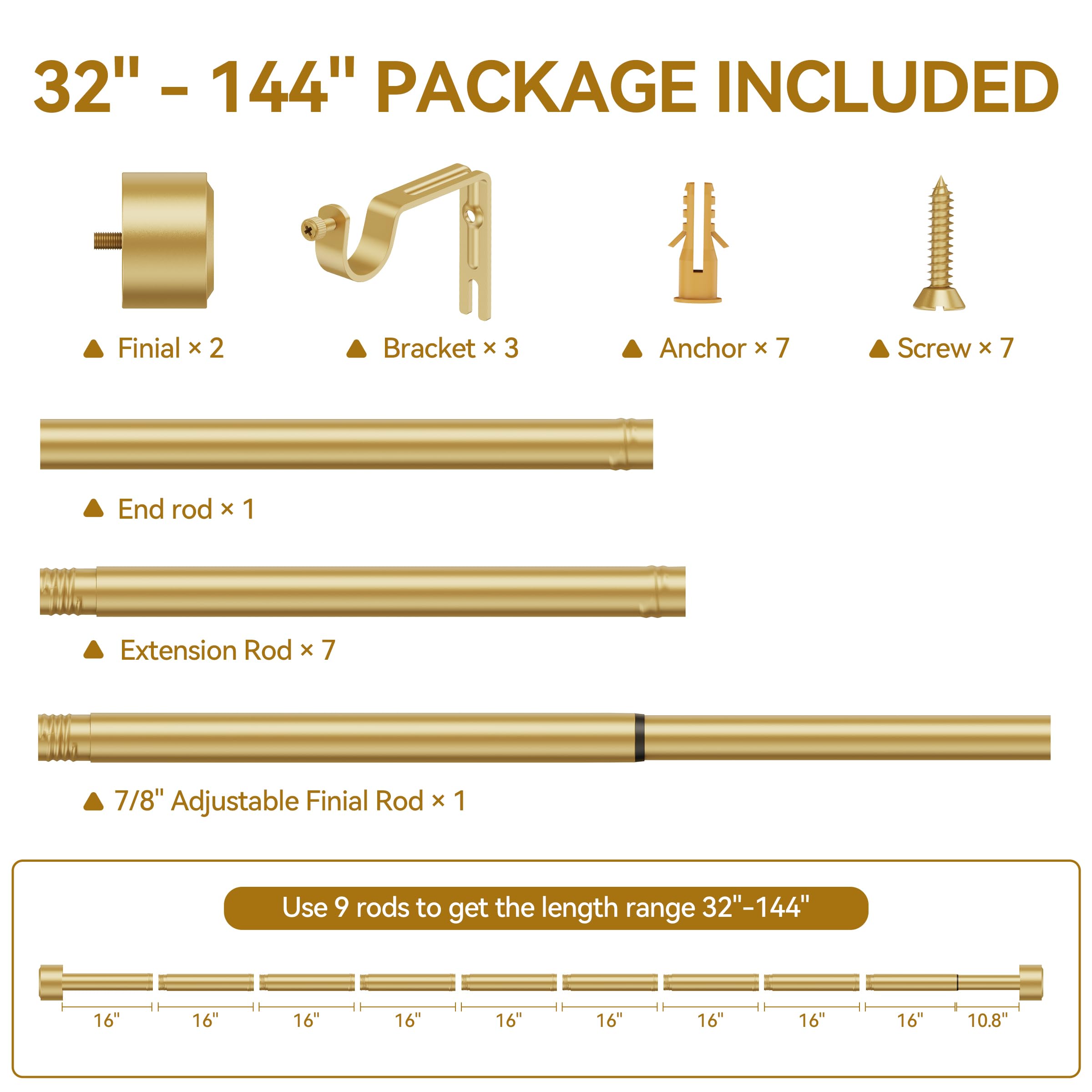 Gold Curtain Rod - 32-144 Inch, Heavy Duty -6 Gold Curtain Rod - 32-144 Inch, Heavy Duty -6