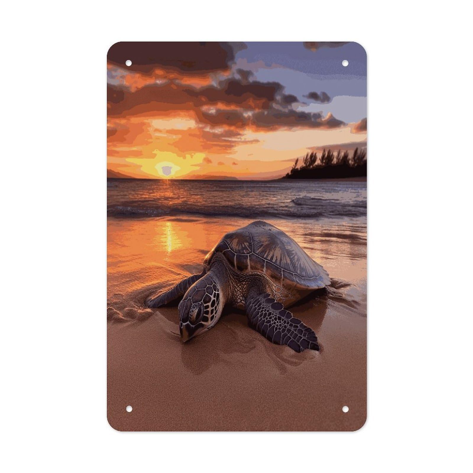 LDGSUPH Sea Turtle Sunset Wall Art Prints Folded Edge Iron Sheet Painting with Holes for Wall Prints Decorative Picture Metal Signboard Decor Painting for Outdoor Indoor Wall Decor
