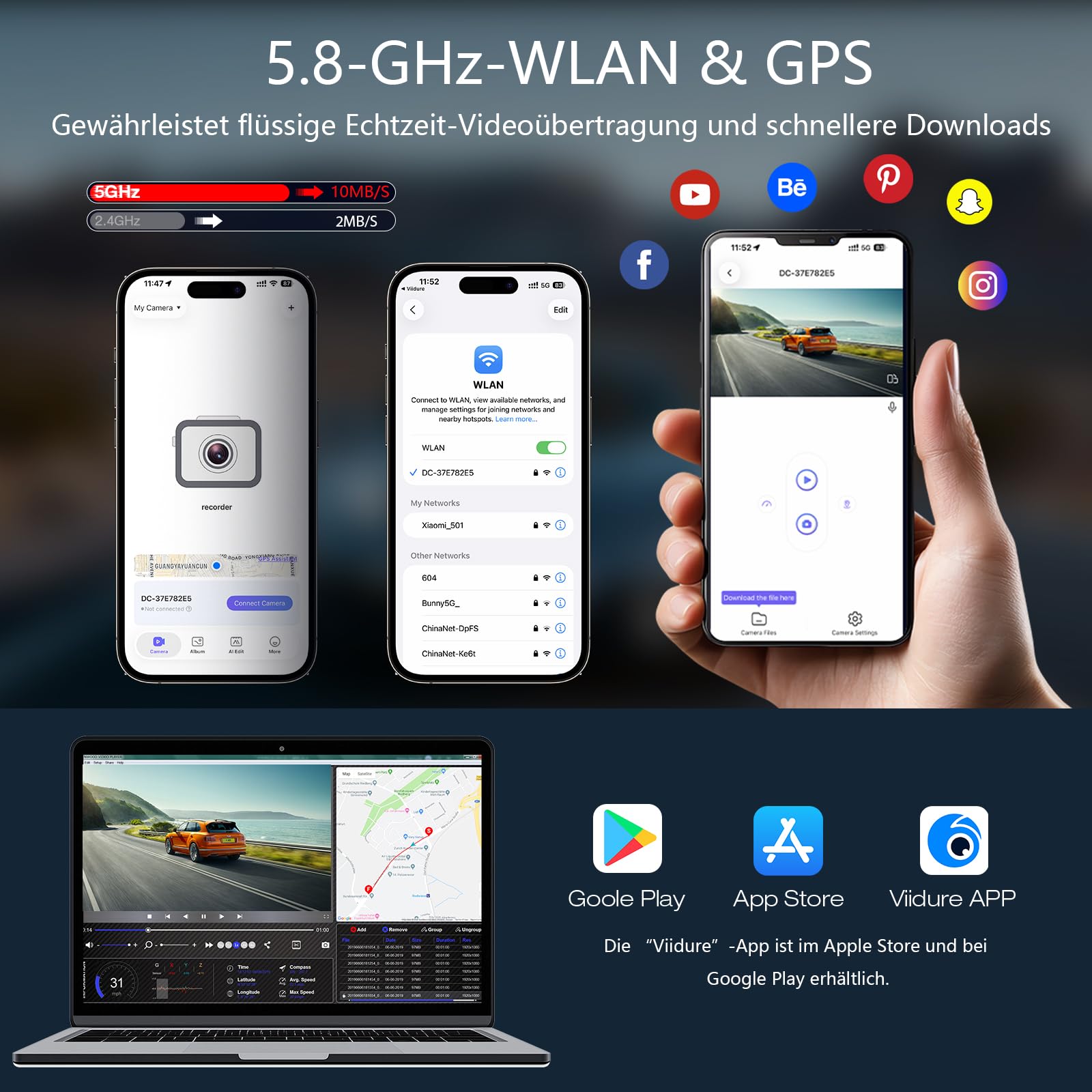 4K+2.5K Front Heck Dashcam mit 5,8 GHz WLAN & GPS Doppelkanal-Auto-Kamera, 3,16" IPS Bildschirm, Nachtsicht, 170° Weitwinkel, Parkschutzmodus, G-Sensor, Loop-Aufnahme – inkl. 64GB SD-Karte